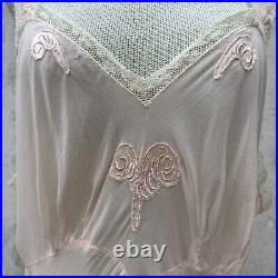 Vintage 1930s Sheer Pink Rayon Slip Dress Sea Shell Appliqués Full Length Lace