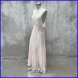 Vintage 1930s Sheer Pink Rayon Slip Dress Sea Shell Appliqués Full Length Lace