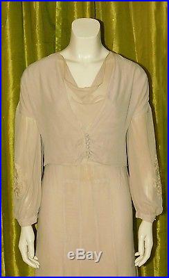 Vintage 1930s Sheer SILK CREPE & Embroidered LACE BIAS Cut Dress Jacket Slip