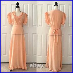 Vintage 1930s Slip Dress Peach Rayon Ruffle Eyelet Trim Pintuck Belt Size Small