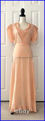 Vintage 1930s Slip Dress Peach Rayon Ruffle Eyelet Trim Pintuck Belt Size Small