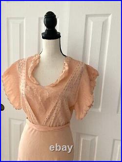 Vintage 1930s Slip Dress Peach Rayon Ruffle Eyelet Trim Pintuck Belt Size Small