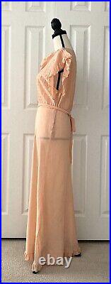 Vintage 1930s Slip Dress Peach Rayon Ruffle Eyelet Trim Pintuck Belt Size Small