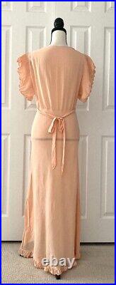 Vintage 1930s Slip Dress Peach Rayon Ruffle Eyelet Trim Pintuck Belt Size Small