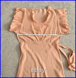 Vintage 1930s Slip Dress Peach Rayon Ruffle Eyelet Trim Pintuck Belt Size Small