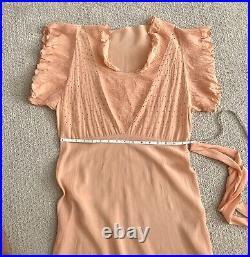 Vintage 1930s Slip Dress Peach Rayon Ruffle Eyelet Trim Pintuck Belt Size Small