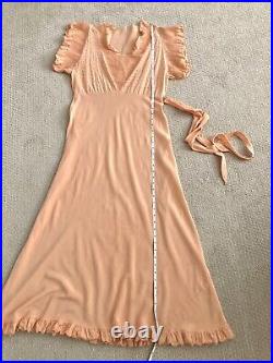 Vintage 1930s Slip Dress Peach Rayon Ruffle Eyelet Trim Pintuck Belt Size Small