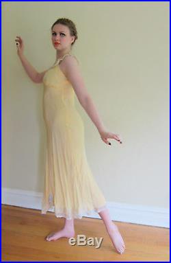 Vintage 1930s Slip Dress Yellow Bias Cut with Cream Lace Negligee Nightgwon Med