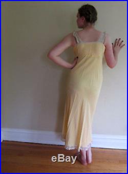 Vintage 1930s Slip Dress Yellow Bias Cut with Cream Lace Negligee Nightgwon Med