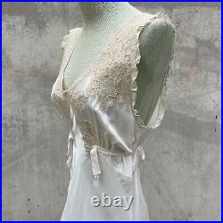 Vintage 1930s White Rayon Satin Slip Dress Bias Cut Full Length Floral Lace