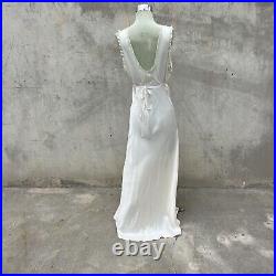 Vintage 1930s White Rayon Satin Slip Dress Bias Cut Full Length Floral Lace