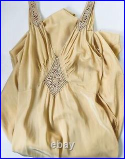 Vintage 1930s Yolande Art Deco Handmade Silk Bias Cut Slip Dress with Appliqué