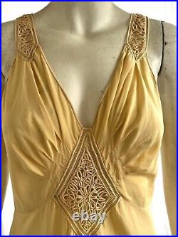 Vintage 1930s Yolande Art Deco Handmade Silk Bias Cut Slip Dress with Appliqué