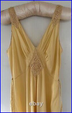 Vintage 1930s Yolande Art Deco Handmade Silk Bias Cut Slip Dress with Appliqué