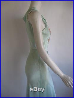 Vintage 1930s art deco bias cut pale green silk and lace slip dress unworn nwot