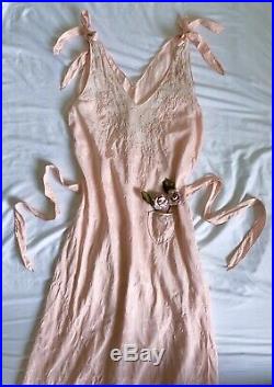 Vintage 1930s blush pink silk slip dress with mesh, floral applique, tie, pocket