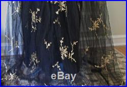 Vintage 1930s evening gown blk net w gold embroidery w slip, floor length med sz