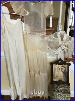 Vintage, 1936, Net Wedding Gown, Cape and Slip, Original Framed Wedding Portrait