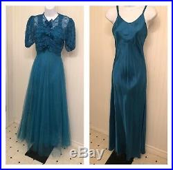 Vintage 1940's blue tulle party dress, 3 pc, rayon taffeta bias cut slip, bolero