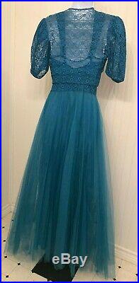 Vintage 1940's blue tulle party dress, 3 pc, rayon taffeta bias cut slip, bolero