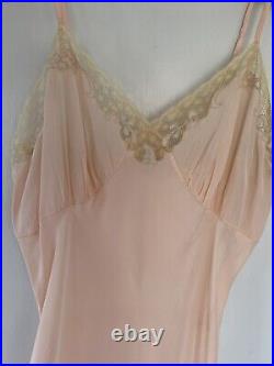 Vintage 1940s Art Deco Pale Pink Hand Made Bias Cut Slip Dress With Lace