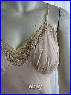 Vintage 1940s Art Deco Pale Pink Hand Made Bias Cut Slip Dress With Lace