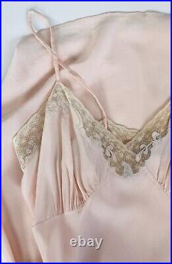 Vintage 1940s Art Deco Pale Pink Hand Made Bias Cut Slip Dress With Lace