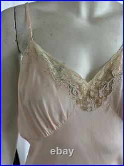 Vintage 1940s Art Deco Pale Pink Hand Made Bias Cut Slip Dress With Lace