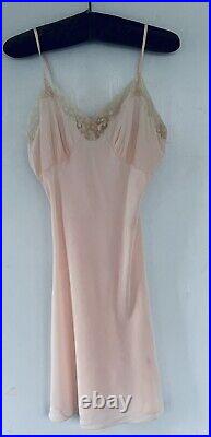 Vintage 1940s Art Deco Pale Pink Hand Made Bias Cut Slip Dress With Lace