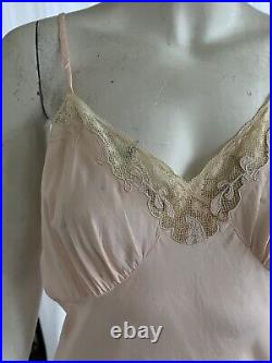 Vintage 1940s Art Deco Pale Pink Hand Made Bias Cut Slip Dress With Lace