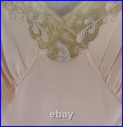 Vintage 1940s Art Deco Pale Pink Hand Made Bias Cut Slip Dress With Lace