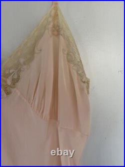 Vintage 1940s Art Deco Pale Pink Hand Made Bias Cut Slip Dress With Lace