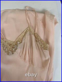 Vintage 1940s Art Deco Pale Pink Hand Made Bias Cut Slip Dress With Lace