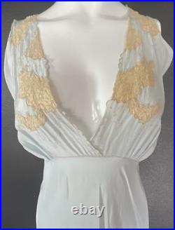 Vintage 1940s Beautiful Blue Satin Gown w Lace & Embroidered Bust Size 38