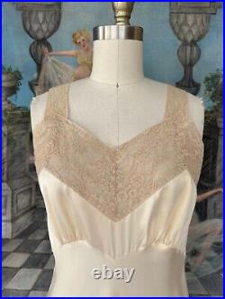 Vintage 1940s Fischer Ivory Silk Lace Bias Cut Slip Lingerie Dress