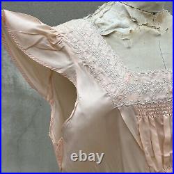 Vintage 1940s? Pink Rayon Satin Slip Dress Lace Ruffle Bias Cut Ribbon Lingerie