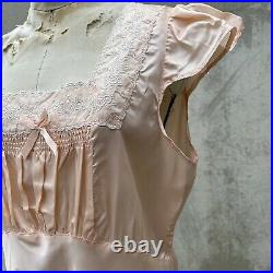 Vintage 1940s? Pink Rayon Satin Slip Dress Lace Ruffle Bias Cut Ribbon Lingerie