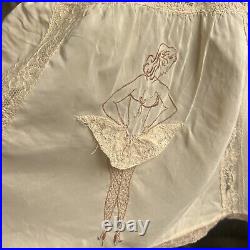 Vintage 1940s White Rayon Lingerie Skirt Pin-Up Appliqué Peek-a-Boo Dress Slip