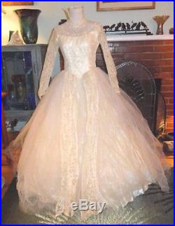 Vintage 1950's Bobbie Brooks High Neck Lace Satin Hoop Slip Wedding Dress Small
