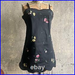 Vintage 1950s Black Nylon Floral Print Mini Slip Dress Lace Scalloped Hem