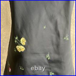 Vintage 1950s Black Nylon Floral Print Mini Slip Dress Lace Scalloped Hem