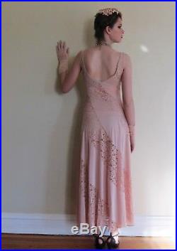 Vintage 1970s Does 30s Old Hollywood Olga Nightgown Slip Dress Peach Pink Lace