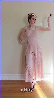 Vintage 1970s Does 30s Old Hollywood Olga Nightgown Slip Dress Peach Pink Lace