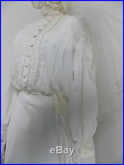 Vintage 1970s Era White Bridal Wedding Dress Lace Long Train, Veil & Slip
