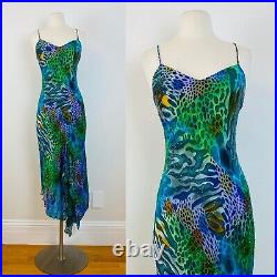Vintage 1990s 90s Abstract Ombre Silk Animal Print Midi Slip Dress Beaded Asymme