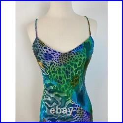 Vintage 1990s 90s Abstract Ombre Silk Animal Print Midi Slip Dress Beaded Asymme