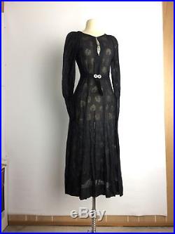Vintage 20's 30's Sheer Black Gauzy Lace Slip Dress Gothic Art Nouveau Goth XS