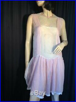 Vintage 20's slip dress Chemise pinup Pink sissy L nightgown Lace flapper Sheer