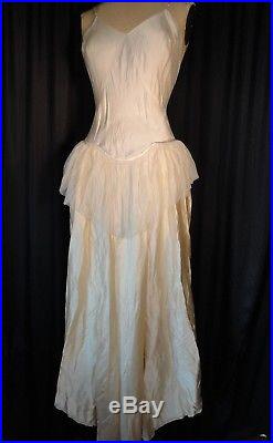 Vintage 30's satin Ivory bridal Wedding slip Dress bias Silk XS peplum Artisan