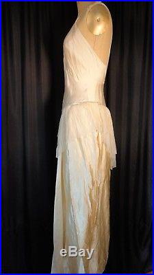 Vintage 30's satin Ivory bridal Wedding slip Dress bias Silk XS peplum Artisan